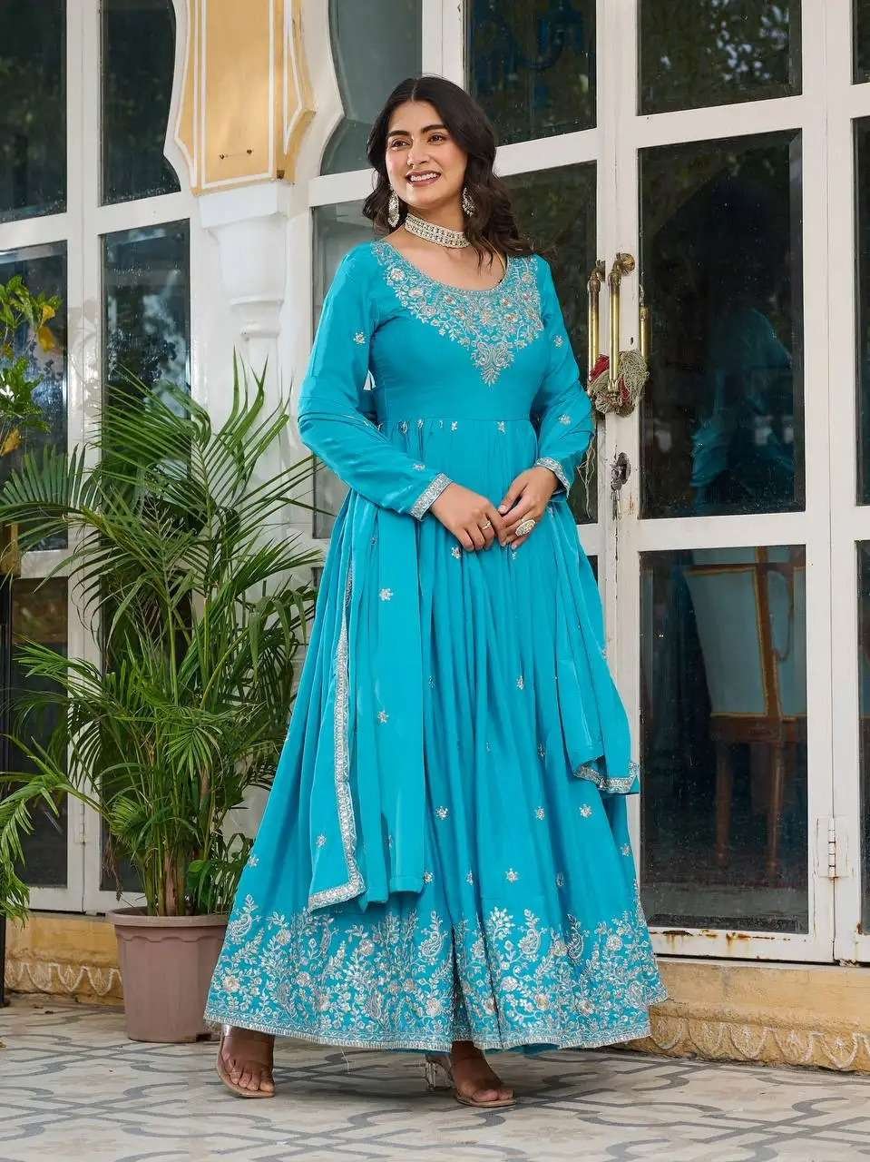 Women's American Silk Sequence Embroidery Long Anarkali Kurti Gown With Dupatta - Image 6