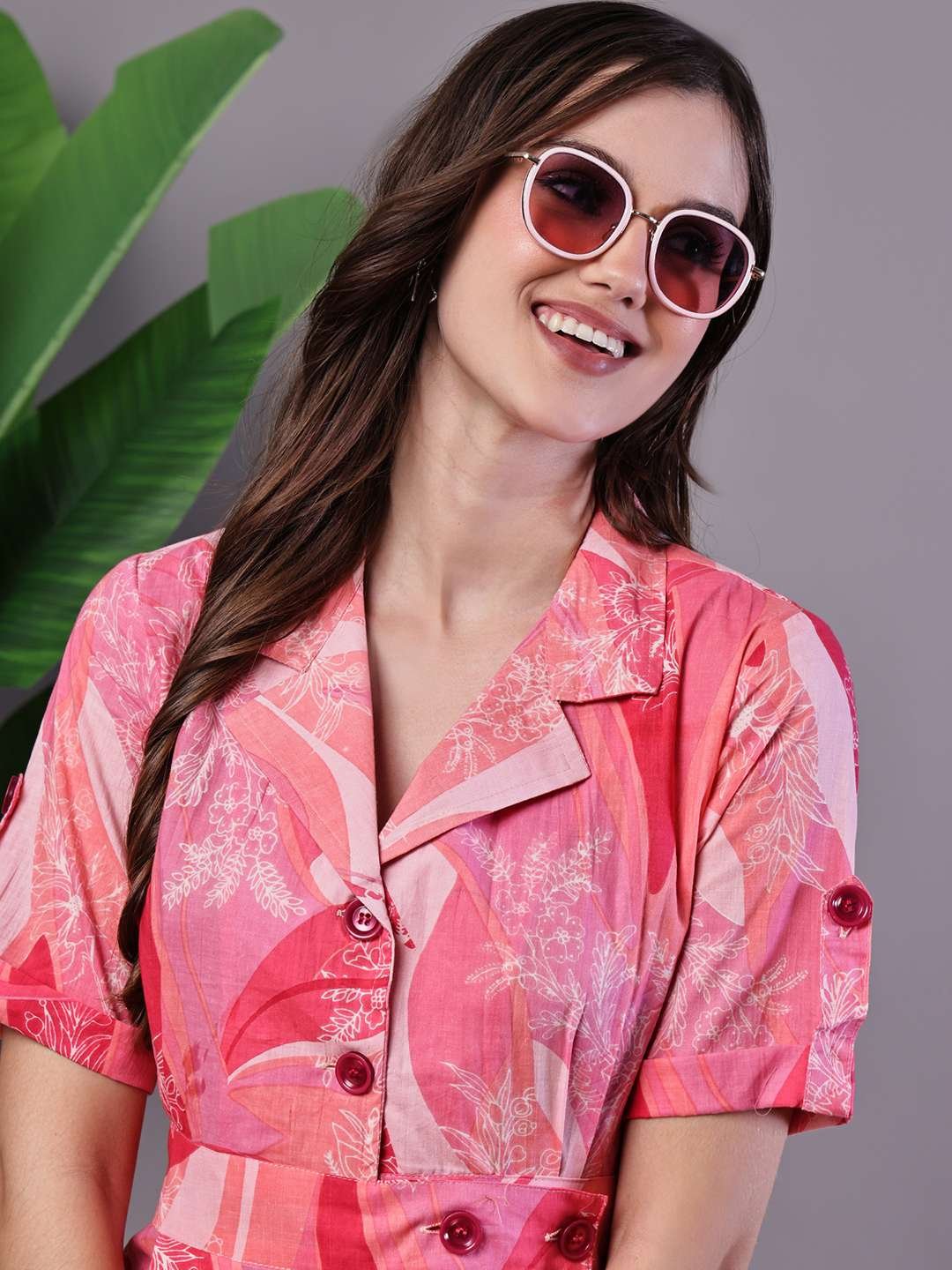 Women's Pink Printed Cotton Midi Shirt Dress - Image 4